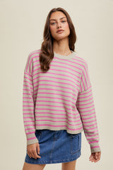 Ribbed Trim Crew Neck Stripe Sweater Stone + Orchid