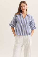 3/4 Sleeve Long Crop Button Up Navy
