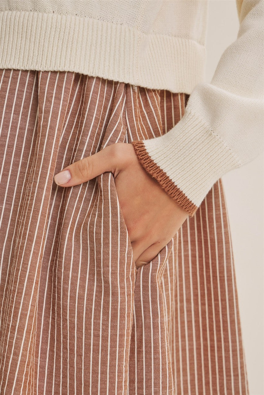 Golden Fields Layered Two Fer Stripe Mini Dress Mocha