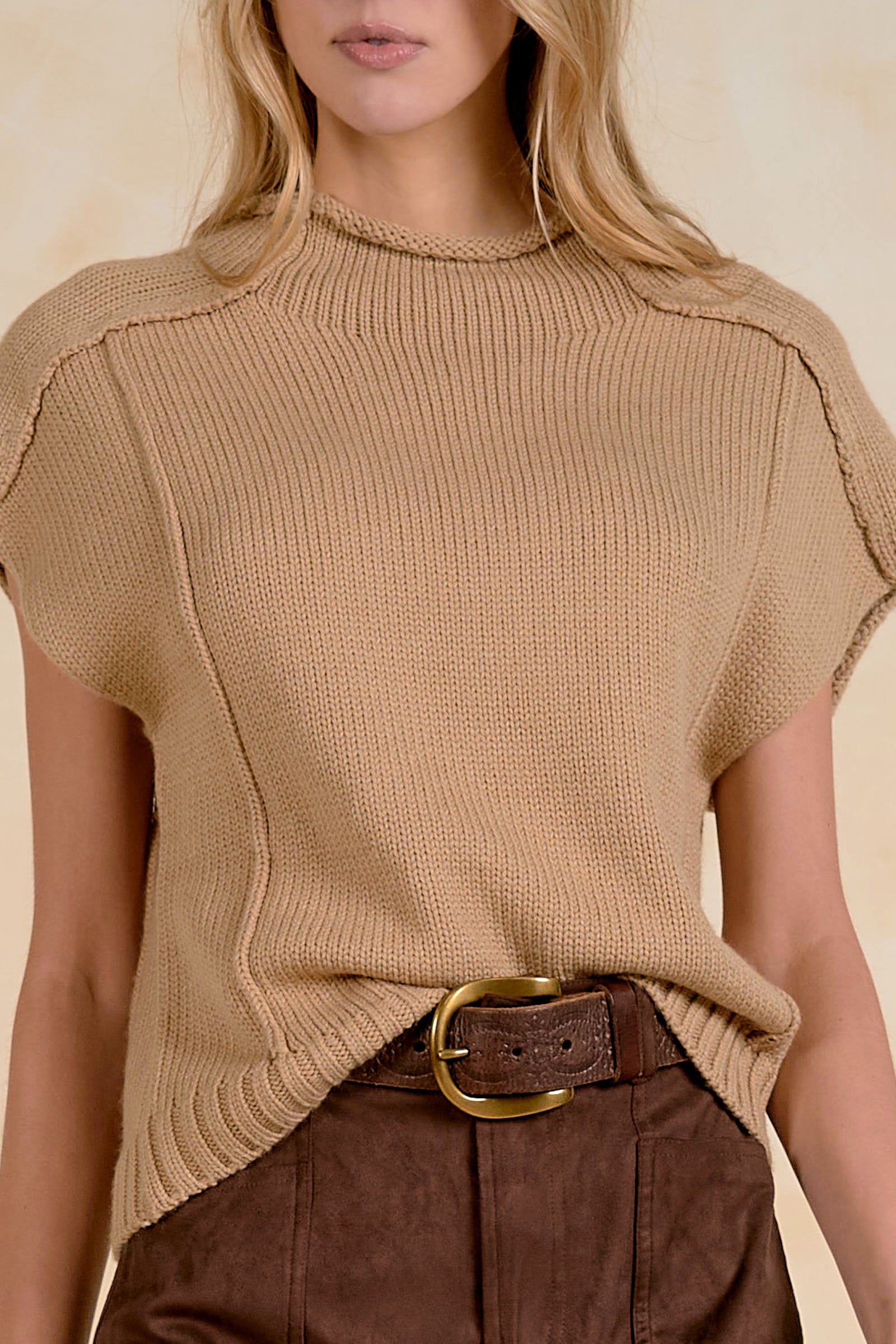 Exposed Seam Mock Neck Cap Sleeve Sweater Tan