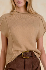 Exposed Seam Mock Neck Cap Sleeve Sweater Tan