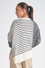 Contrast Mix Stripe Chunky Knit Asymmetric Sweater Black + White