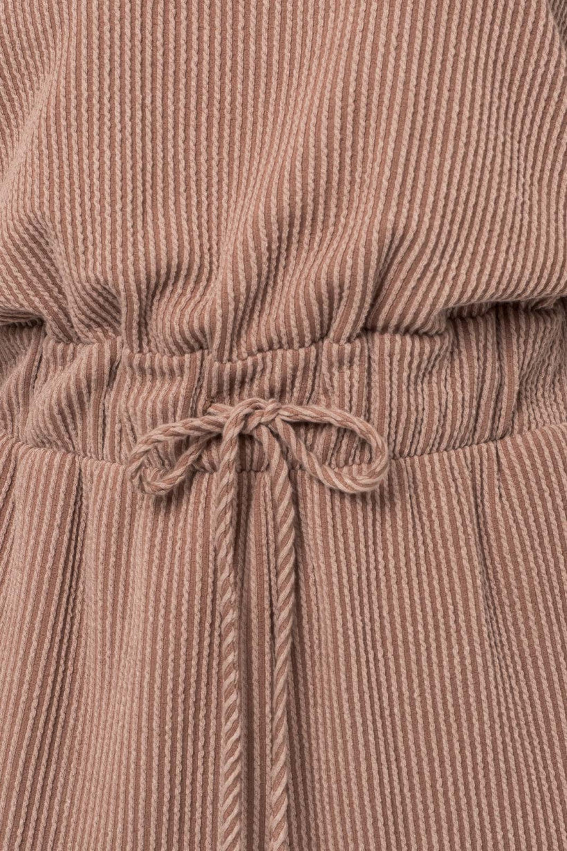 Ribbed Long Sleeve Waist Tie Romper Mocha