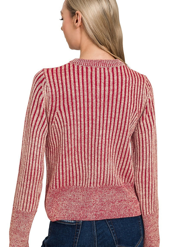 Two Tone Zip Up Sweater Dark Red