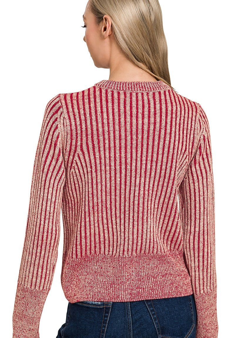 Two Tone Zip Up Sweater Dark Red