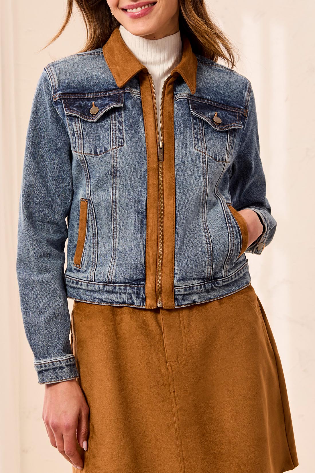 Suede Detail Zip Front Denim Jacket Moonlight