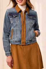 Suede Detail Zip Front Denim Jacket Moonlight