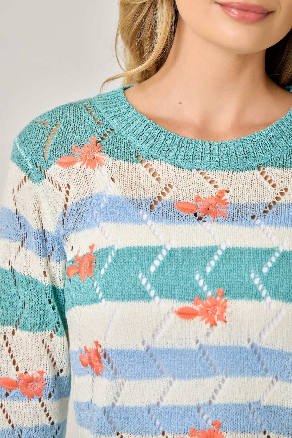 Stripe Chevron Knit Embroidered Flower Sweater Seafoam Combo