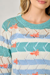 Stripe Chevron Knit Embroidered Flower Sweater Seafoam Combo