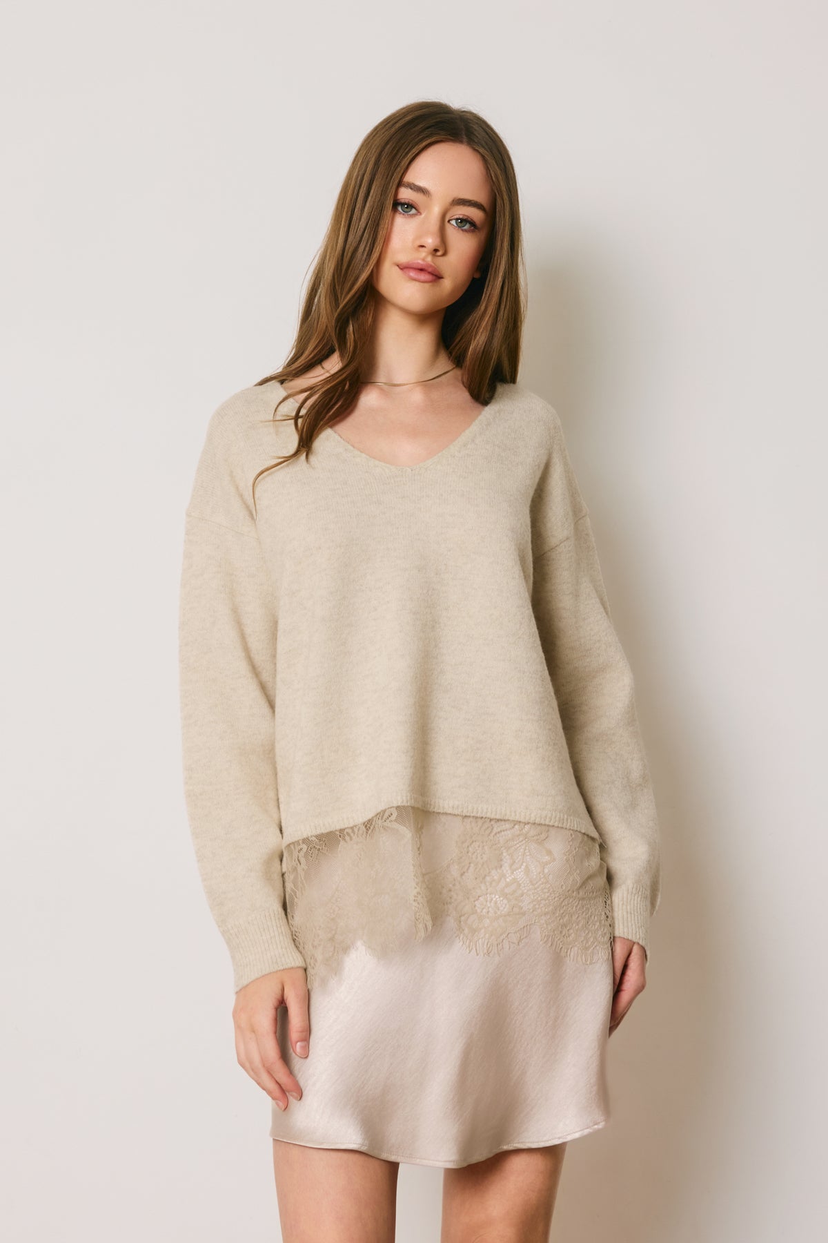 Lace Hem Vneck Relaxed Sweater Cream