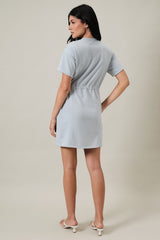 Round Neck Short Sleeve Waist Tie Mini Dress Sky Blue