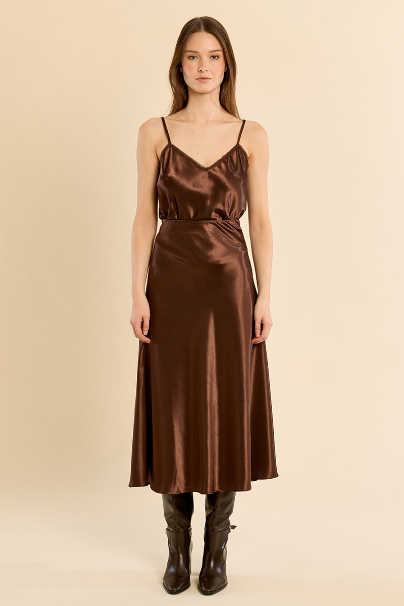 Blakely Satin Midi Skirt Chocolate