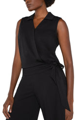 Surplice Side Self Tie Collared  Sleeveless Top Black