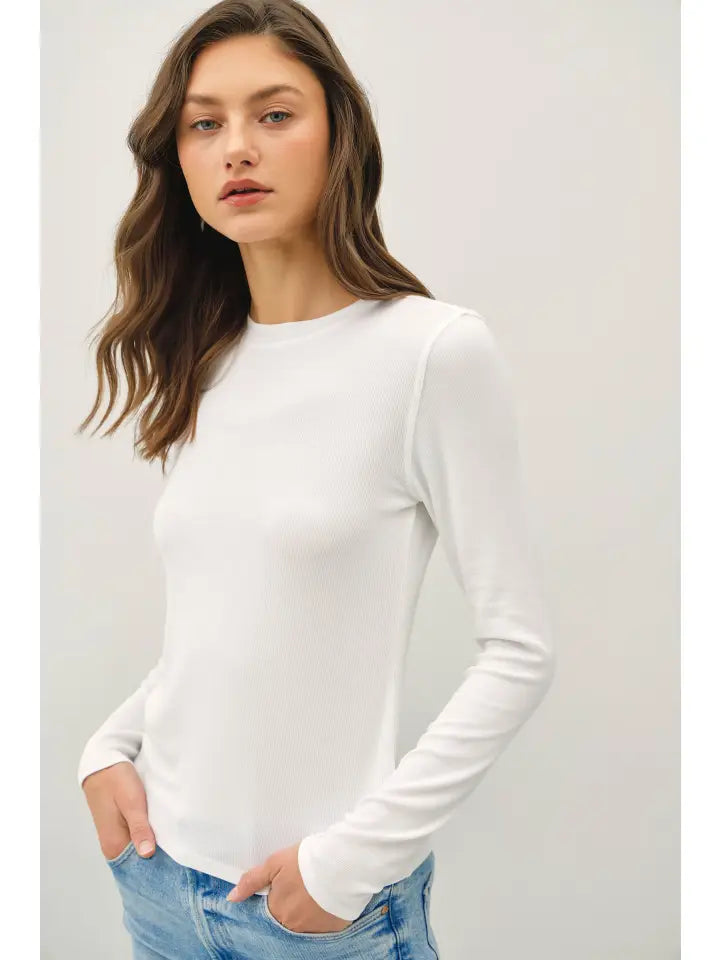 Ribbed Crew Neck Long Sleeve Basic Top White
