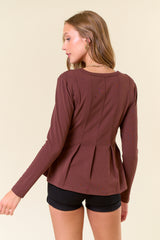 Soft Knit Round Neck Pintuck Peplum Top Chocolate