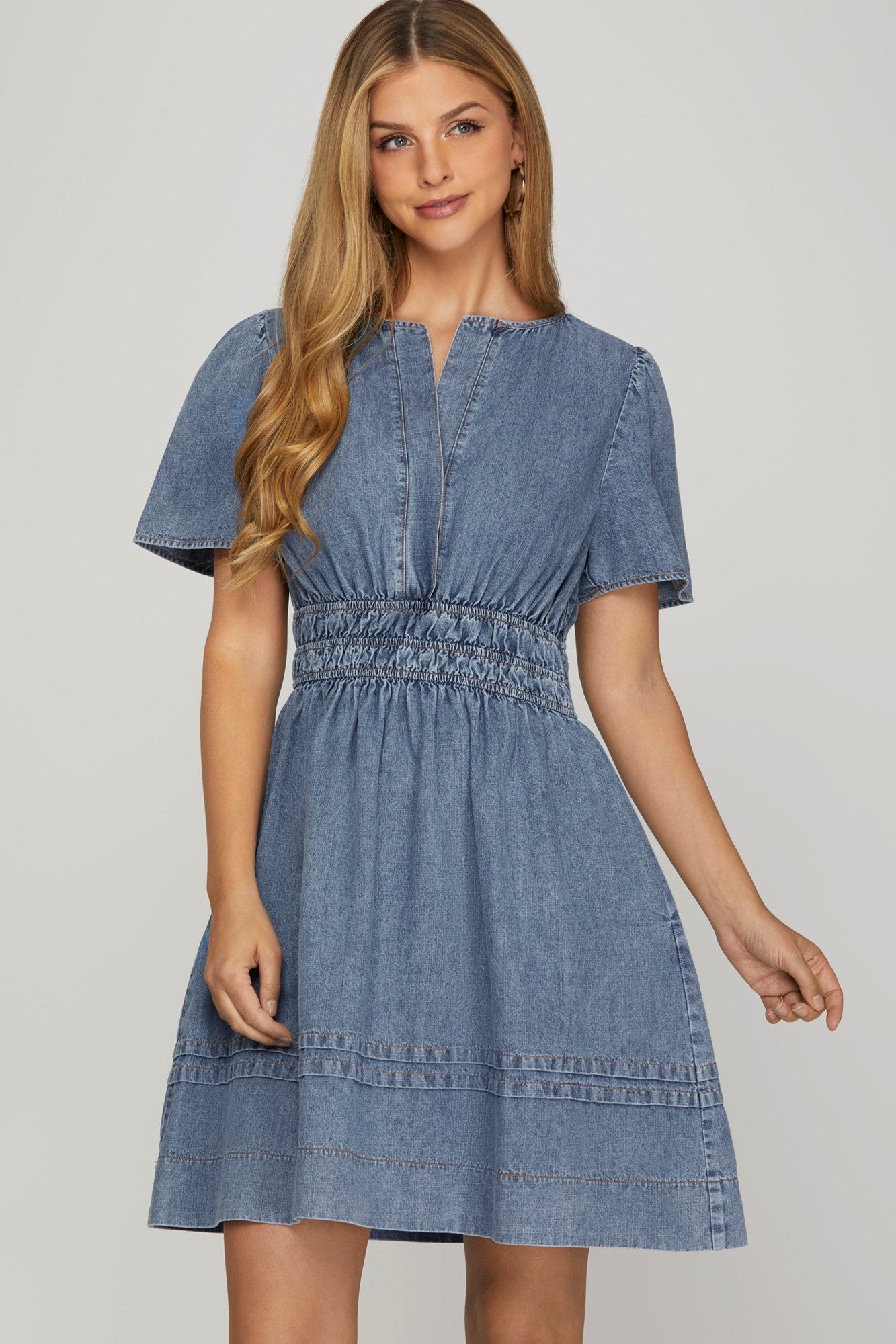 Short Sleeve Washed Denim Smocked Waist Mini Dress Denim Blue