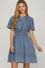 Short Sleeve Washed Denim Smocked Waist Mini Dress Denim Blue