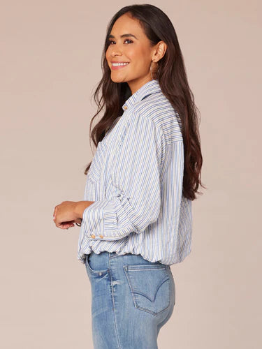 3/4 Tucked Sleeve Bubble Hem Collared Stripe Shirt Provence Blue Multi
