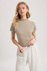 Striped Mock Neck Knit Short Sleeve Top Chocolate + Cream