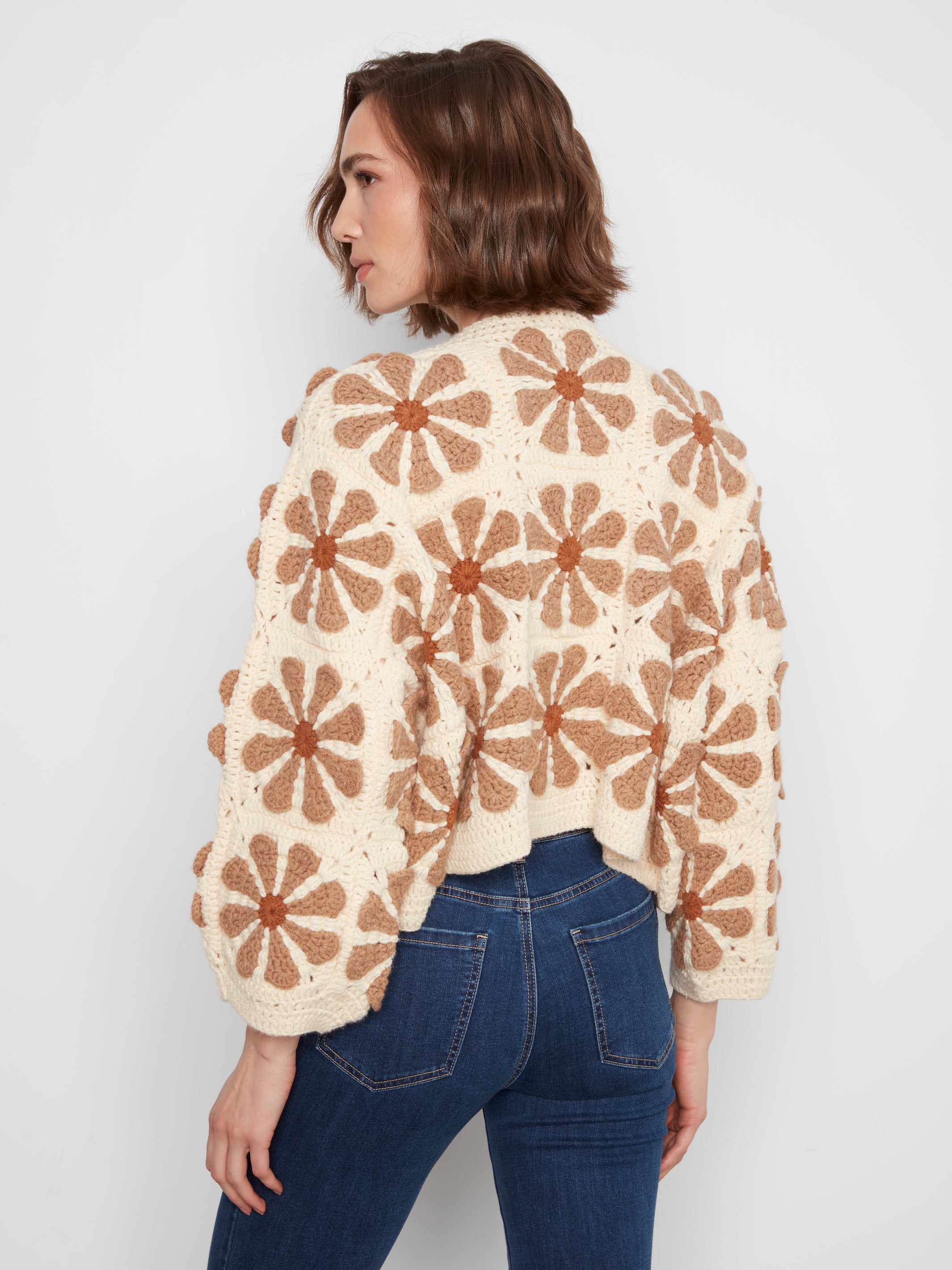 Drop Shoulder Flower Crochet Cardigan Ecru