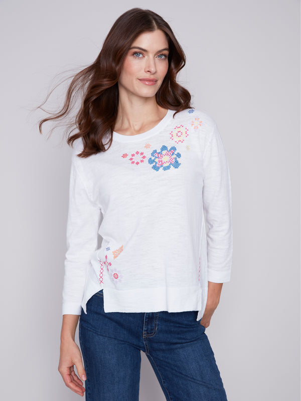 Stitched Florals Light Weight Sweater White