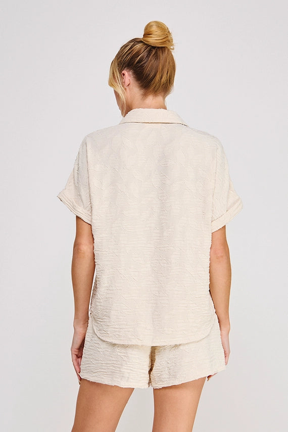 Breezy Jacquard Button Up Short Sleeve Shirt Sand