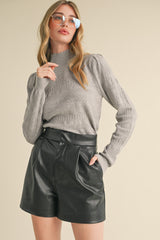 Textured Stripes Scallop Mock Neck Knit Top Heather Grey