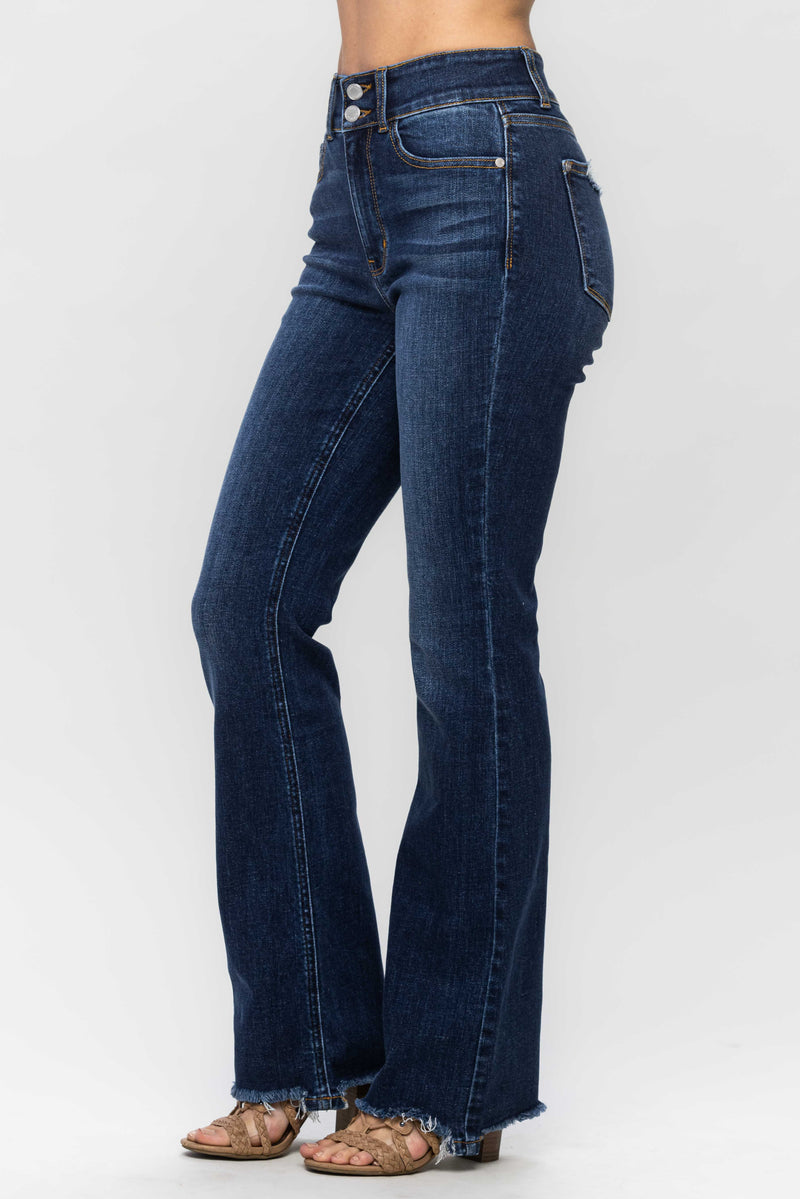 Double Button High Waist Vintage Frayed Hem Bootcut Jeans Dark