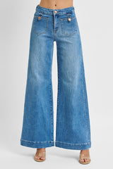 Mid Rise Wide Front Patch Pocket Jeans Medium