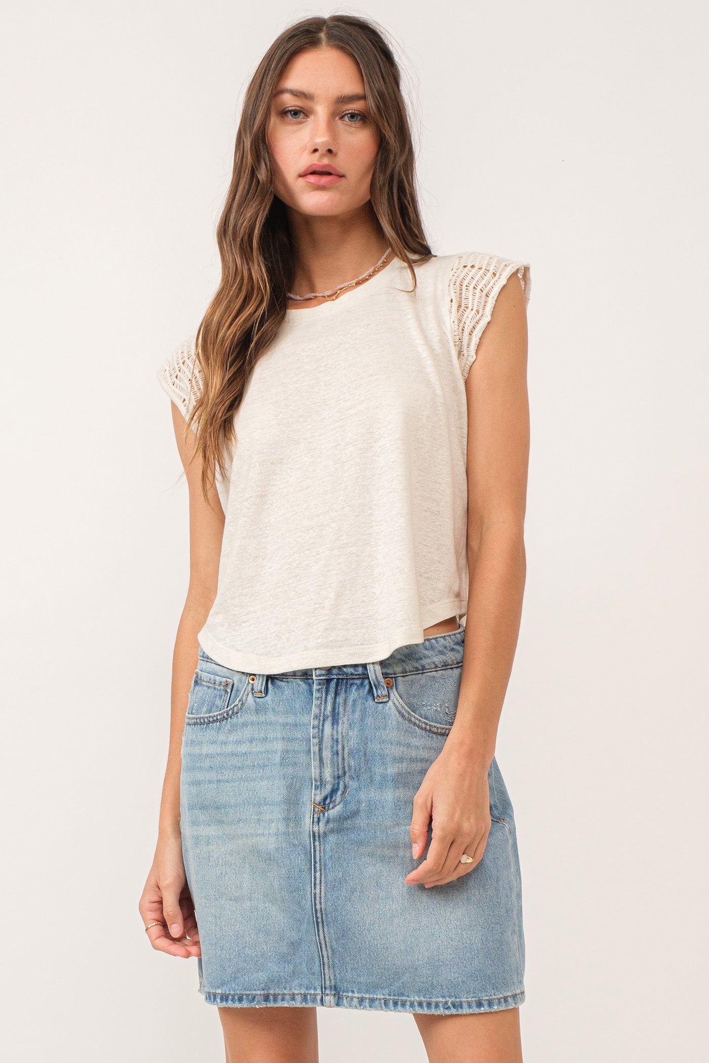 Daria Crochet Trim Curved Hem Top Birch