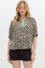 Leopard Print Stripe Band High Neck Top Camel