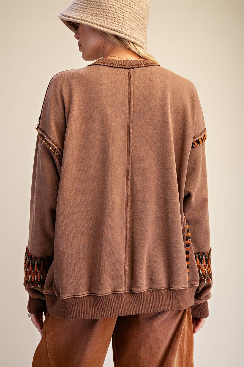 Floral Patch Front Washed Terry Pullover Mocha Brown