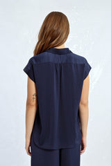 Short Sleeve Collared 3/4 Button Down Shirt Navy Blue