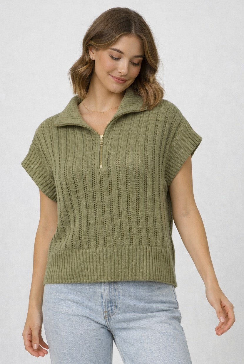 Open Knit 3/4 Zip Sweater Vest Green