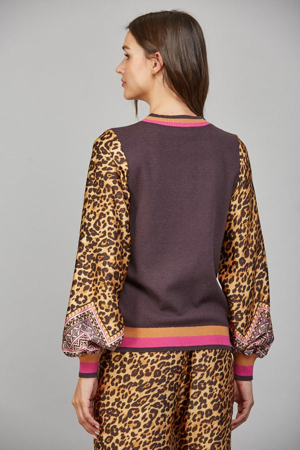 Animal Print Crew Sweater Brown Multi