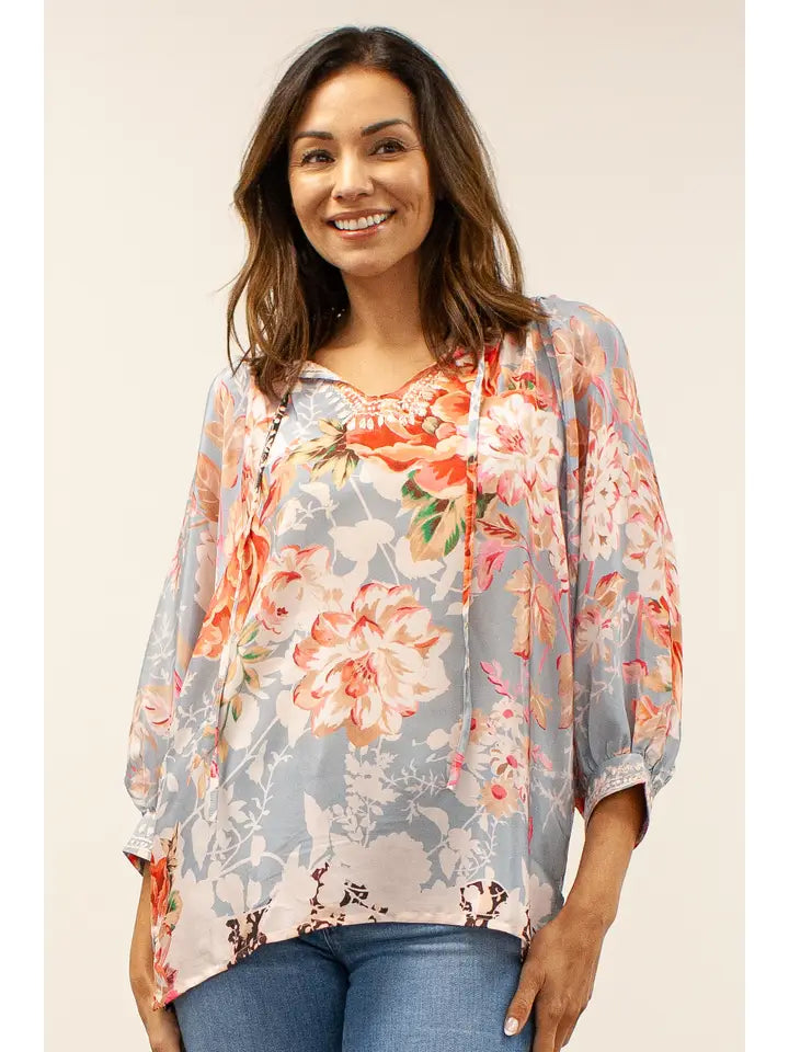Remy 3/4 Balloon Sleeve Floral Tie Neck Blouse Multi