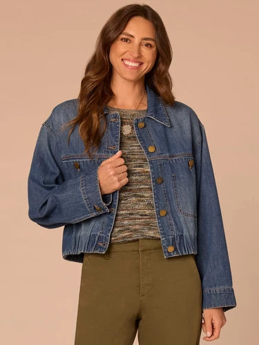 Long Sleeve Elastic Hem Crop Jacket Blue Artisanal
