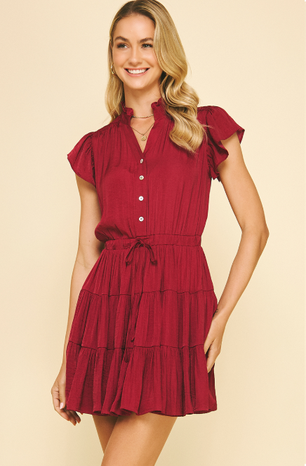 Button Detail Tie Waist Tiered Mini Dress Berry