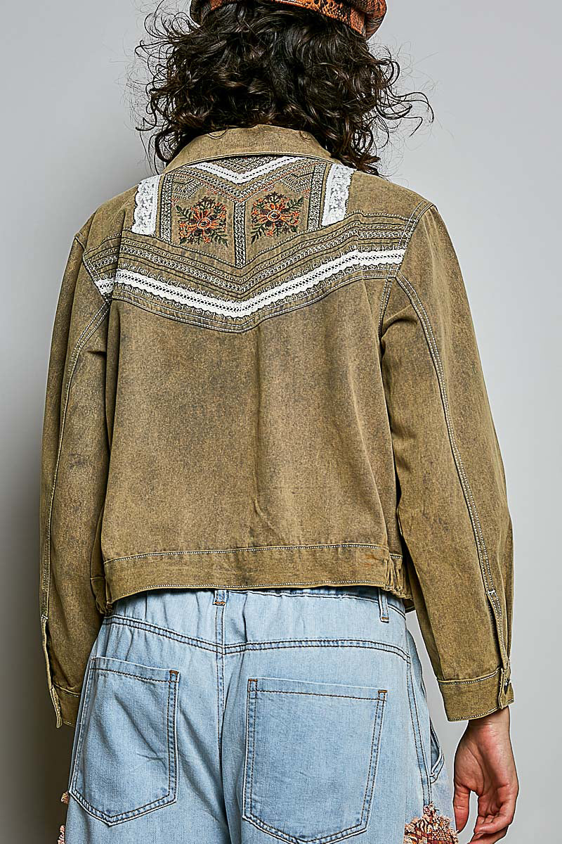 Floral Embroidery Lace Accent Flap Pocket Jacket Charcoal