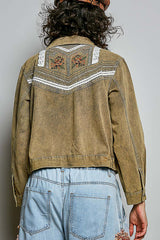 Floral Embroidery Lace Accent Flap Pocket Jacket Charcoal