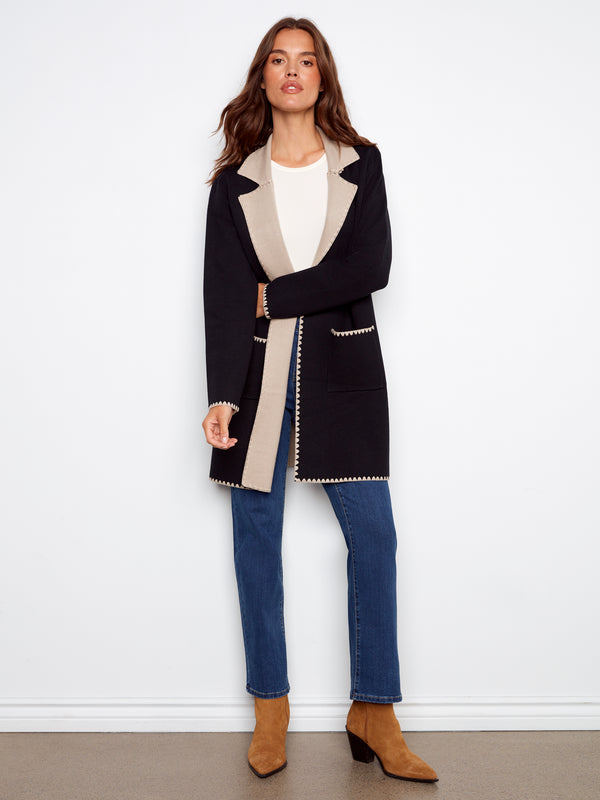 Two Tone Stitched Cardigan Black