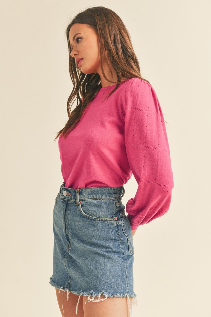 Pointelle Puff Sleeve Sweater Top Fuchsia