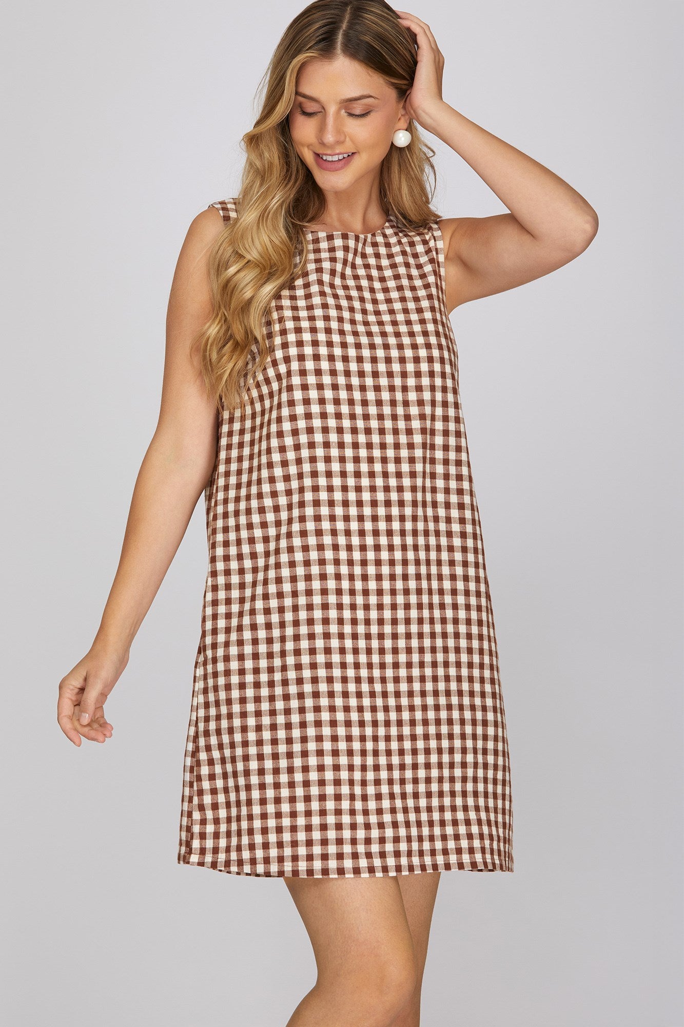 Gingham Checkered Round Neck Mini Dress Brown
