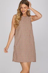 Gingham Checkered Round Neck Mini Dress Brown