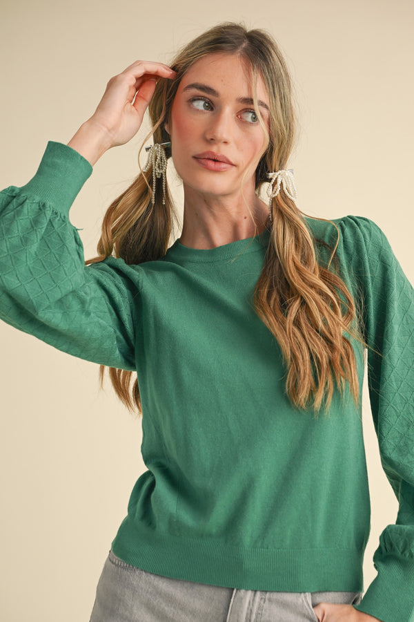 Lightweight Knit Pointelle Sleeve Sweater Rosemary Green