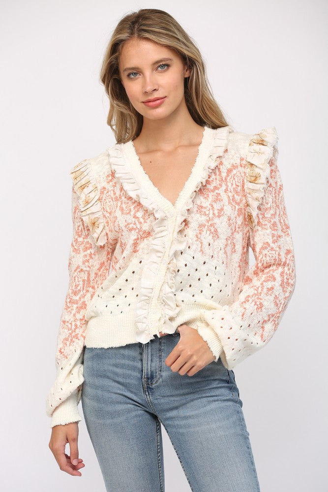 Ruffle Trimmed Front Closure Cardigan Ivory + Coral
