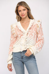 Ruffle Trimmed Front Closure Cardigan Ivory + Coral