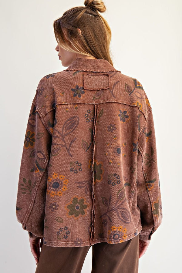 Floral Printed Washed Terry Pullover Shirt Chocolate