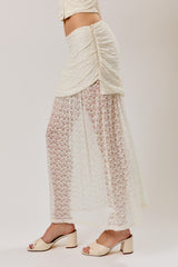 Ruched Asymmetrical Drop Waist Lace Midi Skirt Cream