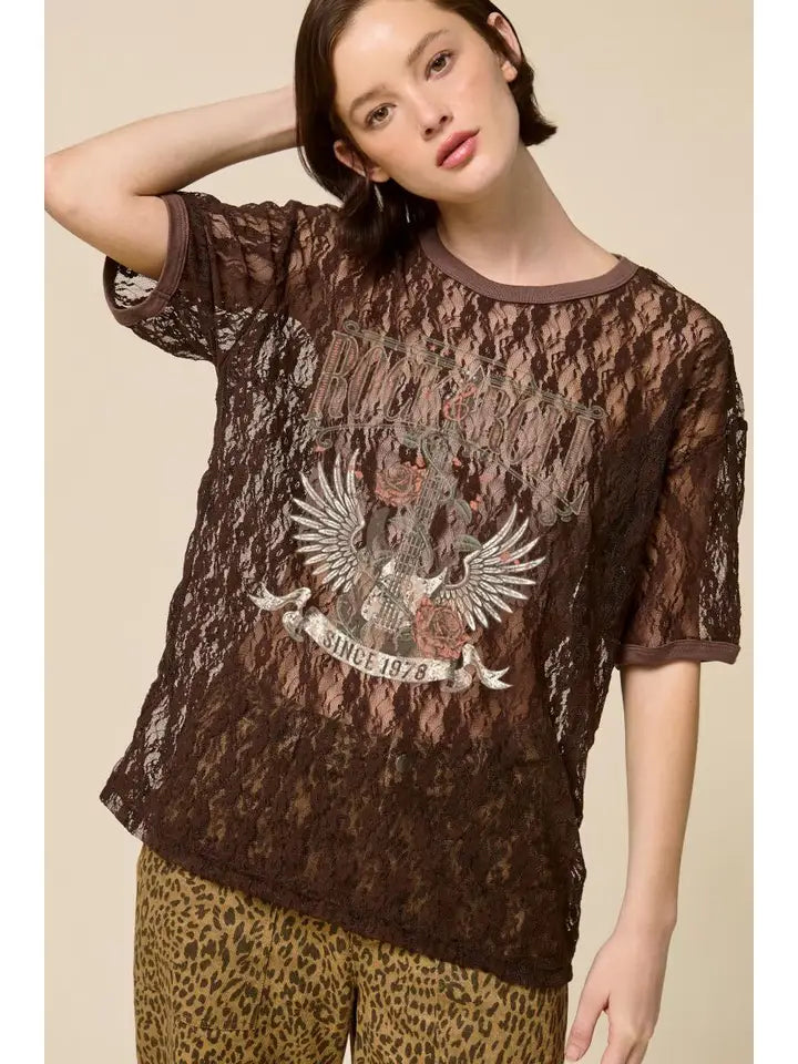 Rock 'n Roll 1978 Vintage Sheer Lace Tee Brown